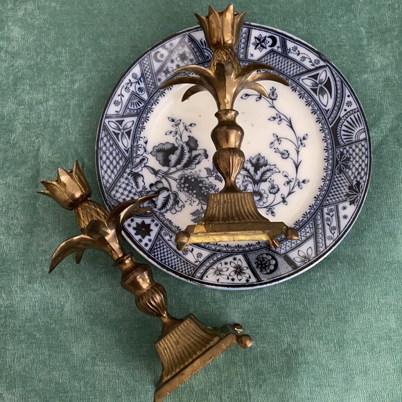 MIDCENTURY HEAVY BRASS PINEAPPLE CANDLE HOLDER PR
